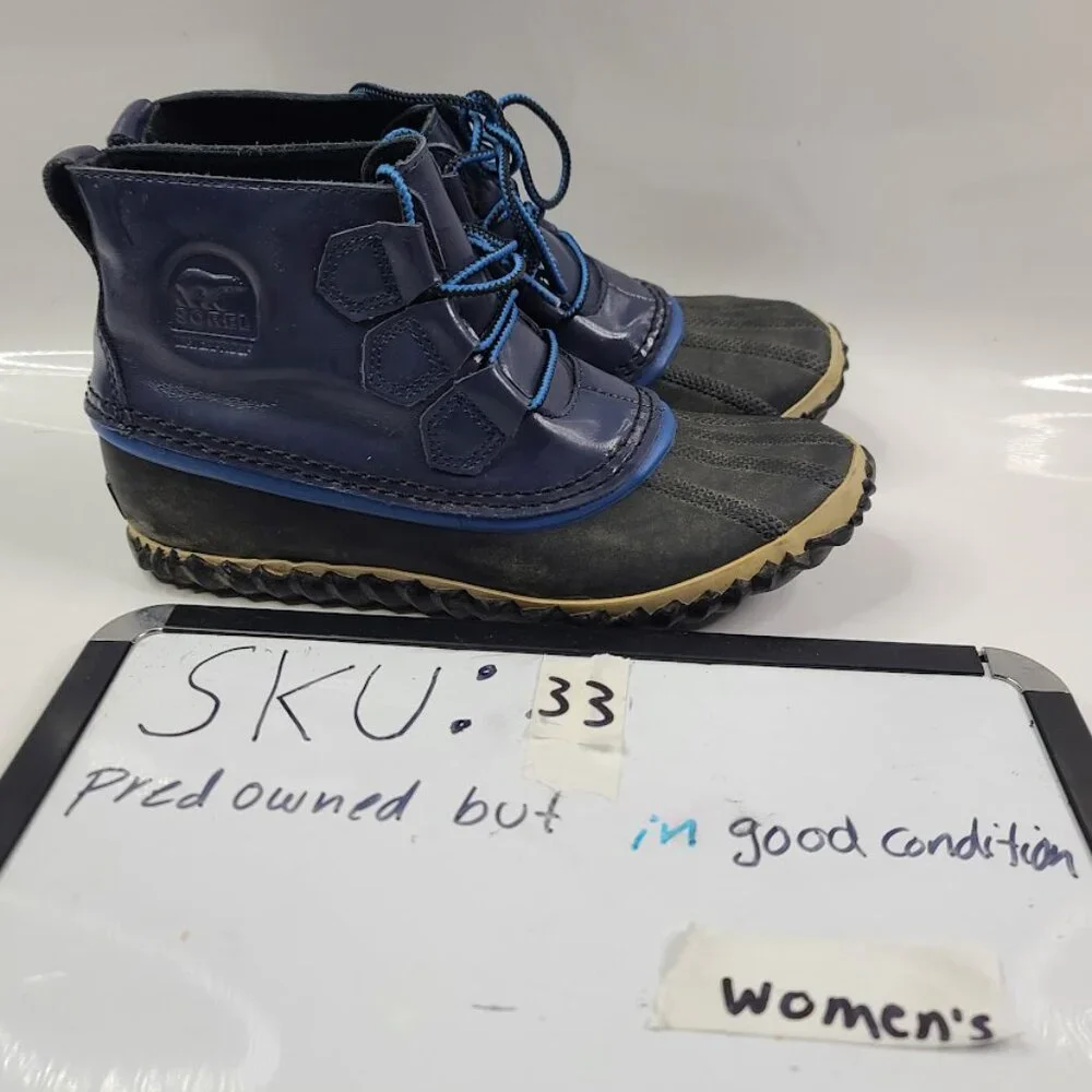 Sorel Women's Black Navy Out About NL2511-591 Leather Rubber Ankle Duck Boot 6.5